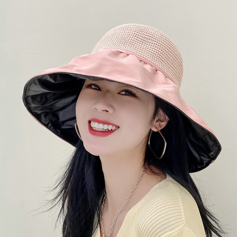 Sun Hat Female Summer Vinyl Bucket Hat Hollow-out Straw Hat Sun Protection Leisure Big Brim Face-Covering Sun Beach Hat Children