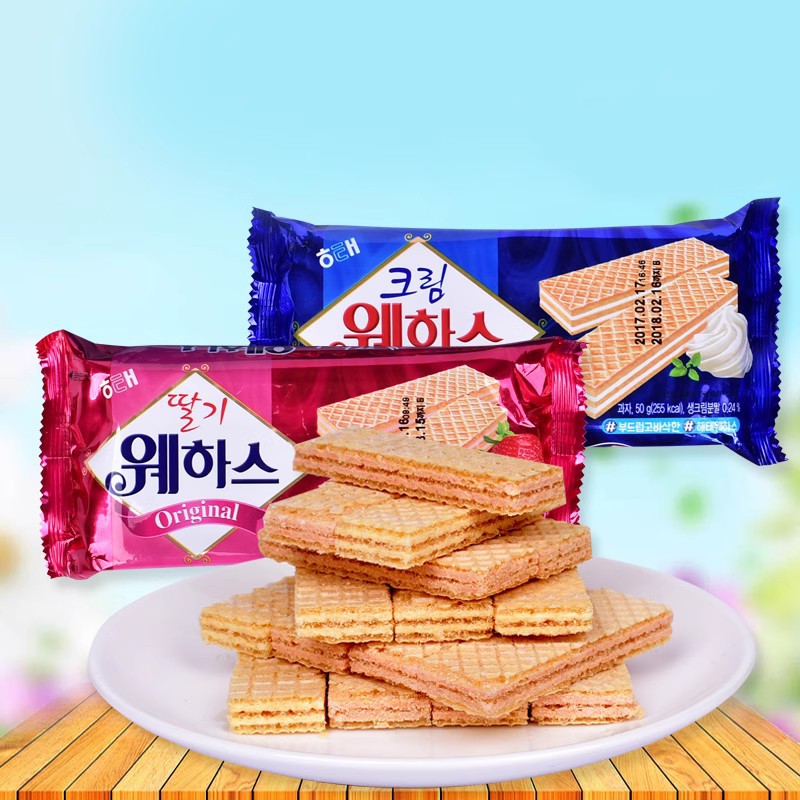 韩国进口零食 海太威化奶油/草莓味威化饼干56g*40包一箱