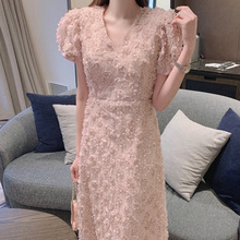 韩国chic春季法式甜美V领立体花朵设计收腰显瘦泡泡袖连衣裙长裙