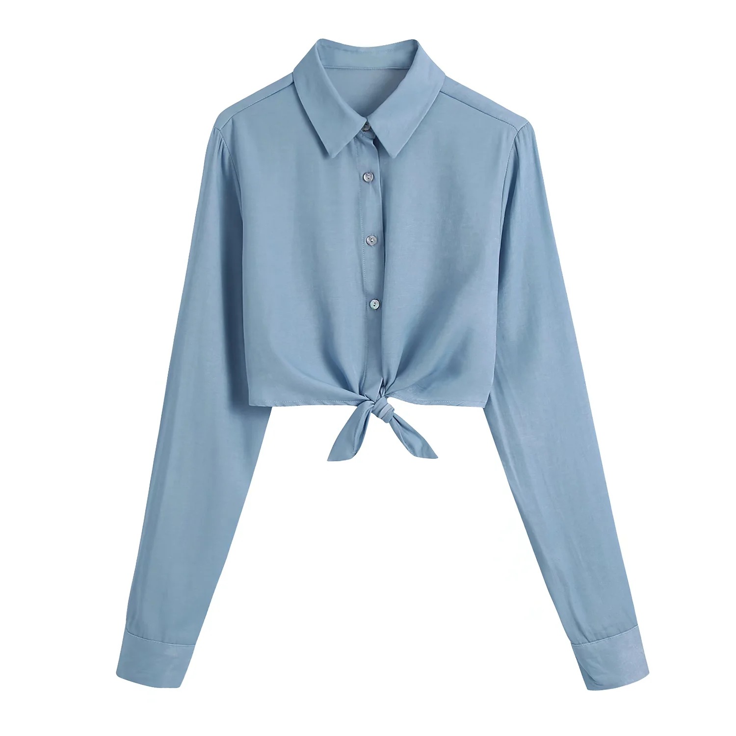 气质淑女风长袖翻领打结牛仔短衬衫女春秋款上衣宽松显瘦纯色开衫