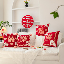 新中式国风抱枕卡通玉兔喜乐节日沙发枕套新年元旦结婚红色靠枕套