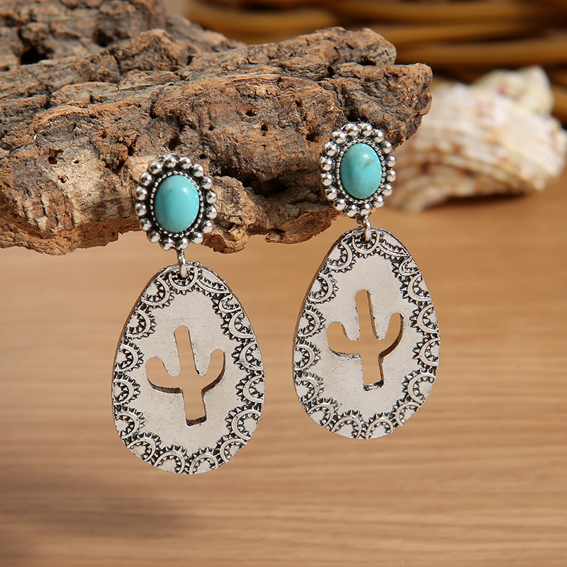 速卖通跨境复古绿松石耳环 欧美创意水滴形镂空仙人掌夸张耳坠