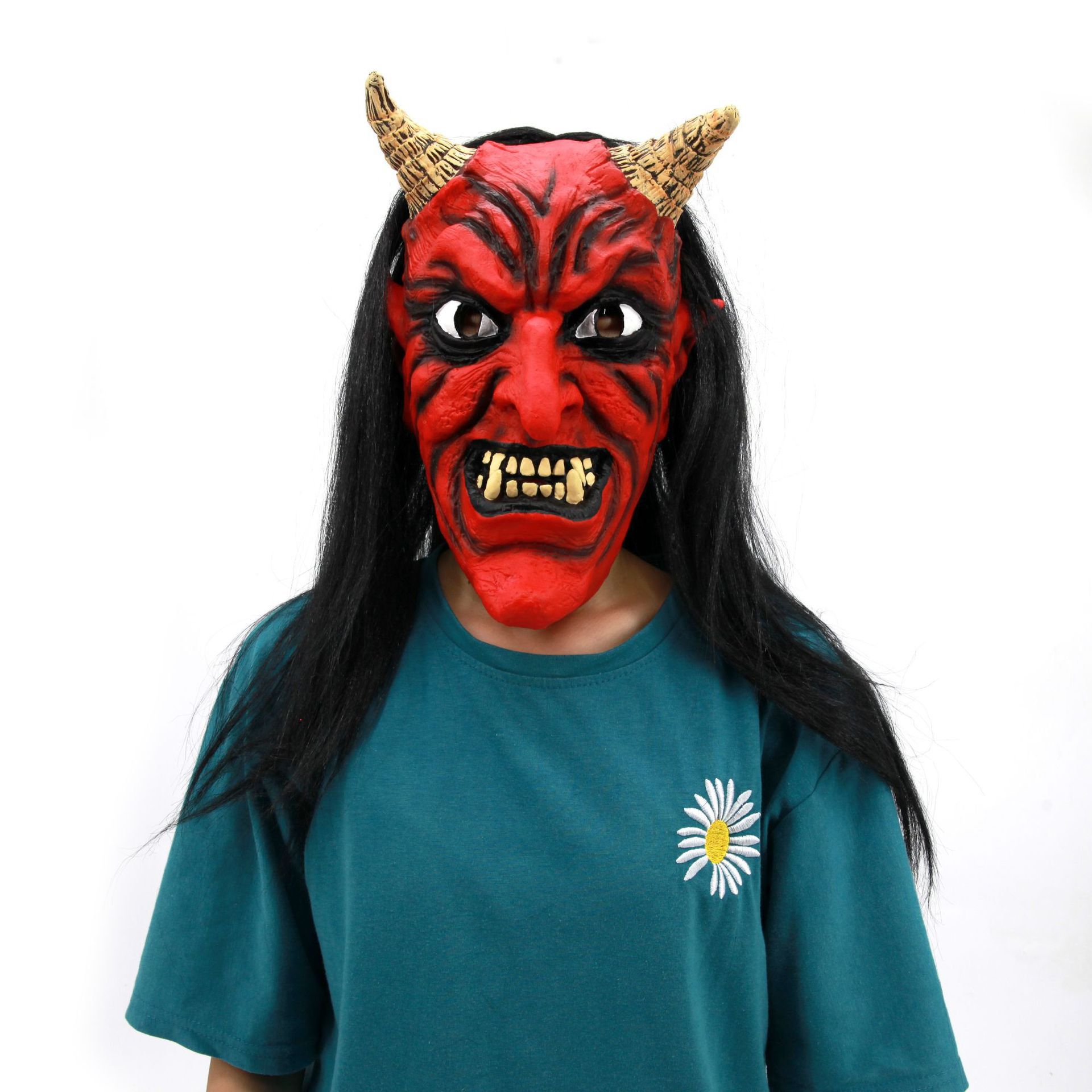 万圣节红色牛魔王面具恐怖红魔长发魔鬼乳胶面具外贸专供牛角面具