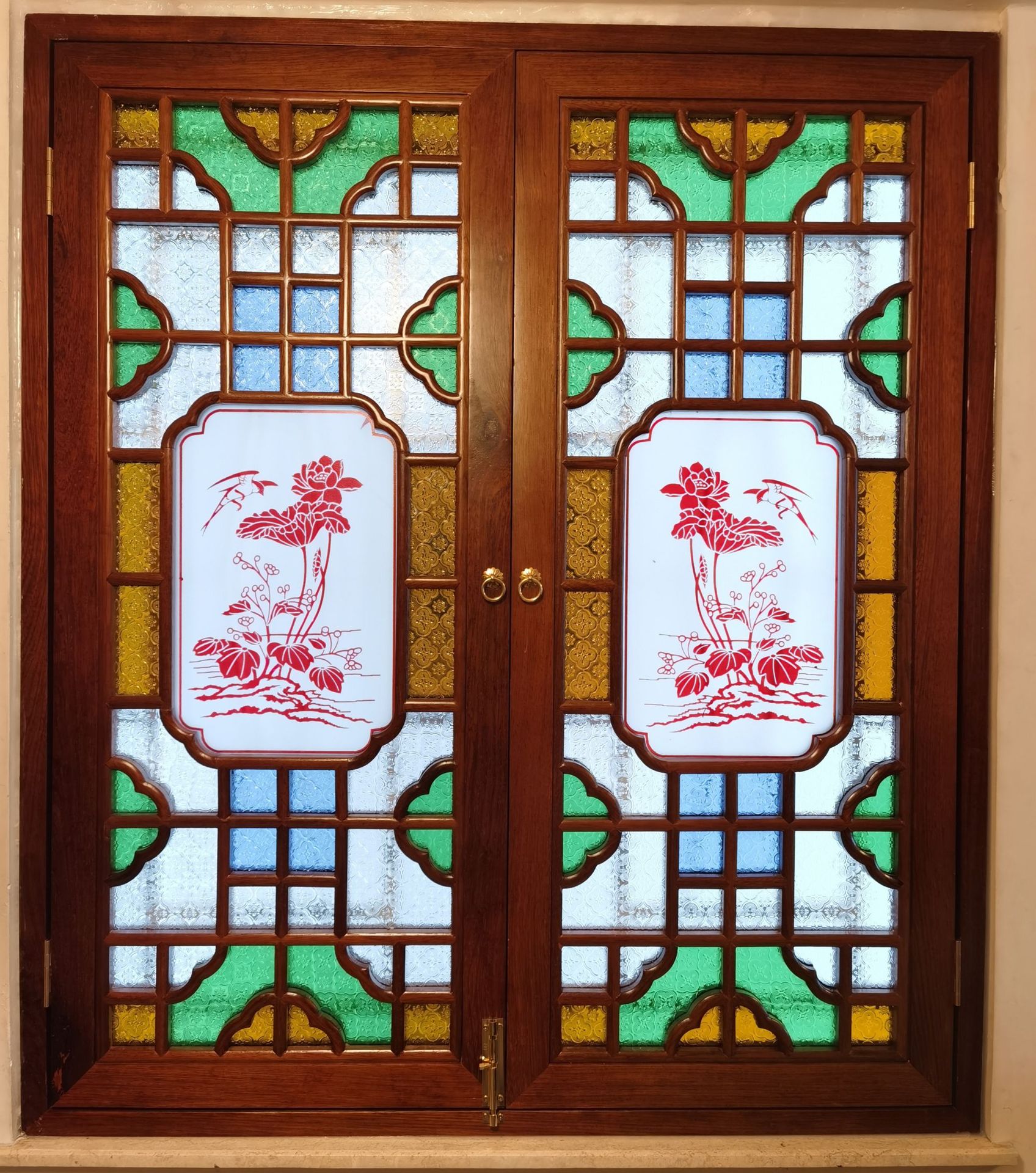 源头厂家中式满洲窗西关艺术玻璃仿古门窗海棠花彩色玻璃定制