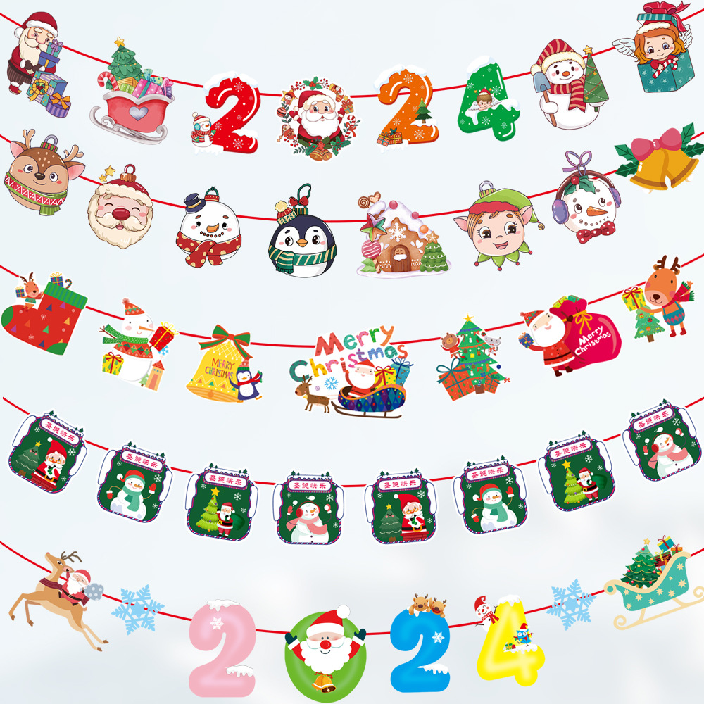 Christmas Decoration Cartoon Foreign Trade Paper Hanging Flag Colorful Flags Christmas Holiday Scene Atmosphere Layout