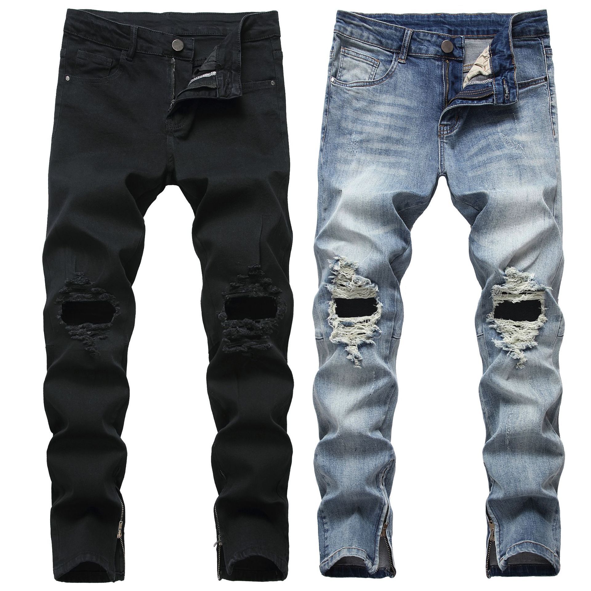   Foreign Trade Men's Pants Autumn New European and American Men's Jeans Ripped Zipper Split Fashion All-Match Trendy Men's Essential