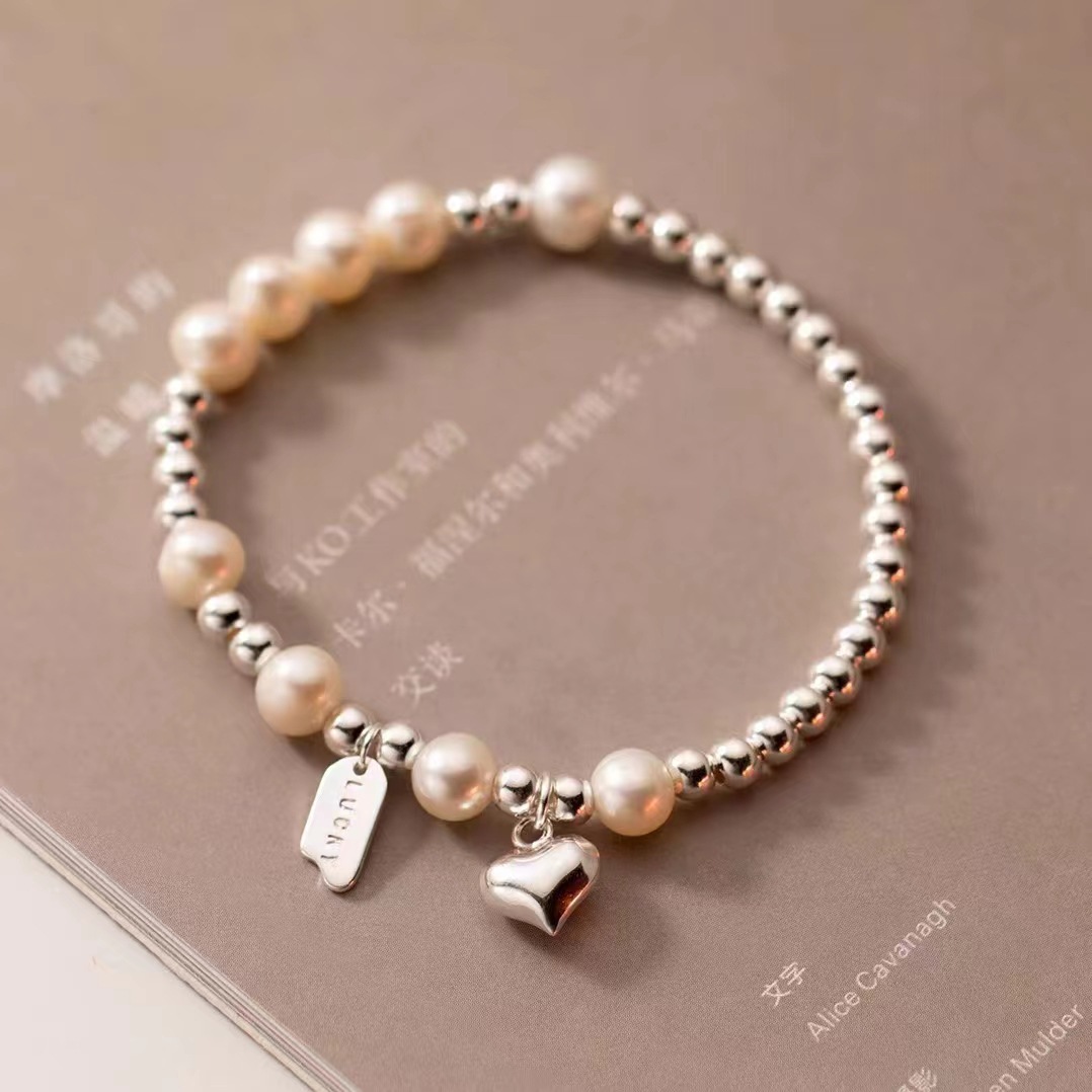 s925 silver french pearl glossy heart light column pearl bracelet female sweet temperament summer ins style