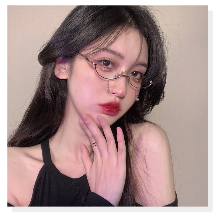 抖音网红同款下半框眼镜女水滴无镜片装饰cos二次元带链子眼镜架