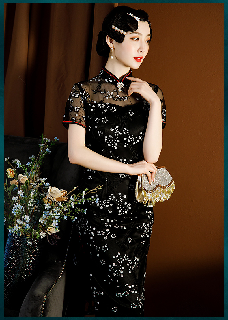 如意襟中款黑色显瘦短袖蕾丝旗袍日常镂空性感中国风女装 b1052