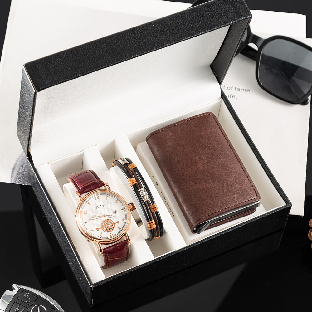 2021男士新款手表套装礼盒日历石英腕表牛皮手链3件套父亲节礼物