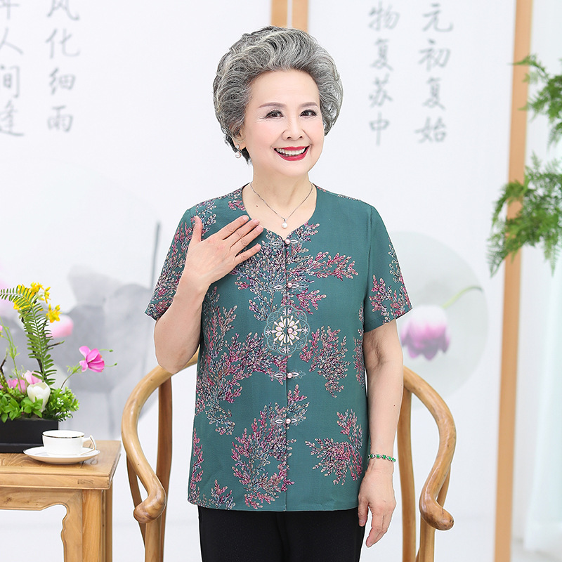 老年人2024夏装女短袖奶奶衬衫60岁70老人衣服老年妈妈老太太衬衣