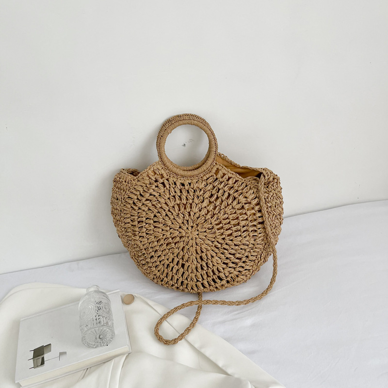 Trendy New Straw Bag Artistic Fresh Portable Semicircle Woven Bag Women's Casual Seaside Vacation Beach Bag