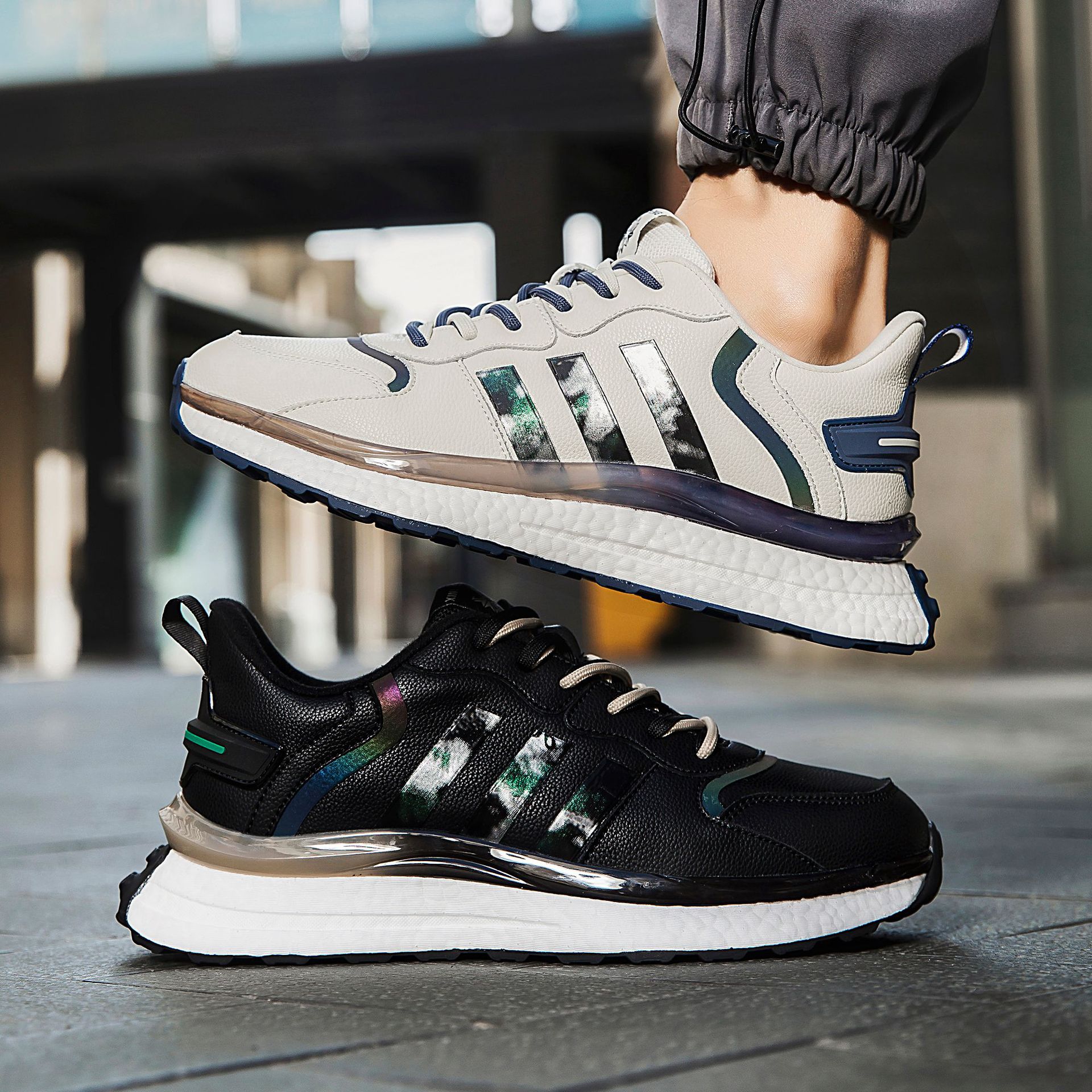 新款高端男鞋潮流时尚爆米花冬季运动鞋跑步厚款休闲绒里真爆皮鞋