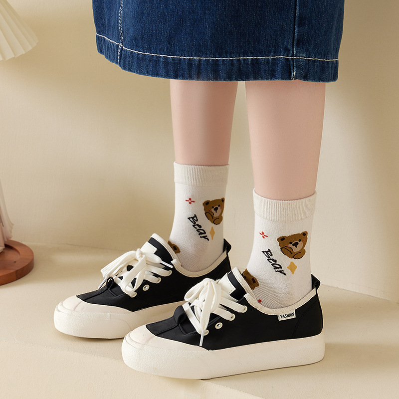 Women's Socks Autumn and Winter Mid-Calf Length Socks Japanese Style Solid Color Bunching Socks Long Women's Socks Ins Trendy Cute Cartoon Thigh High Socks