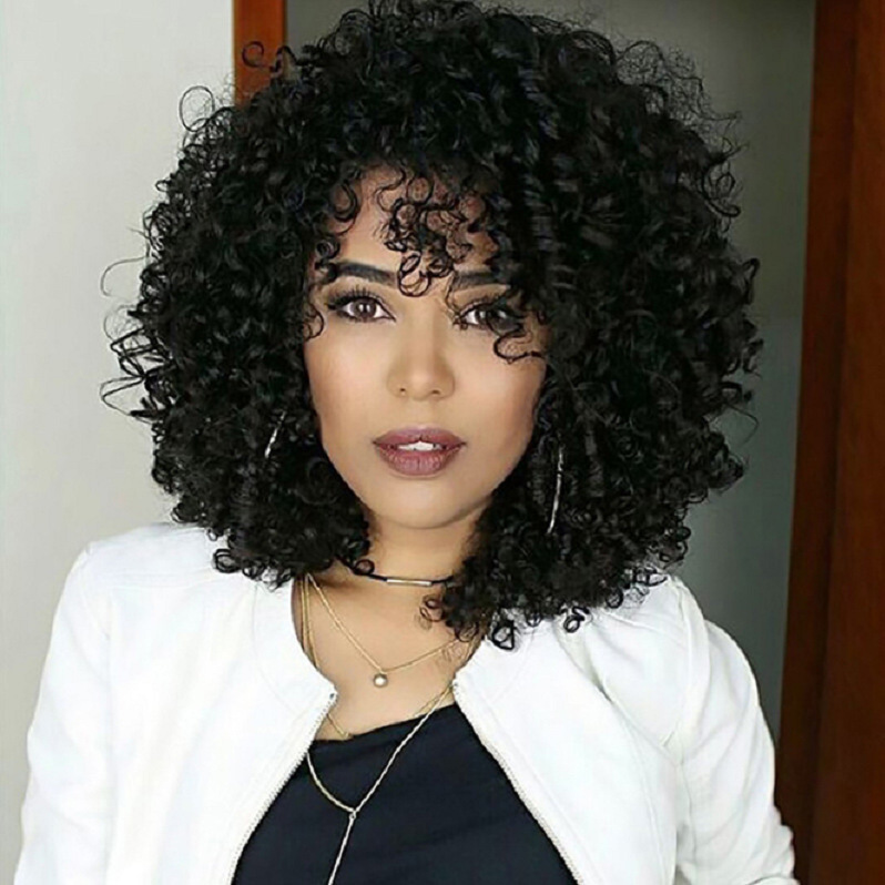 亚马逊新款欧美假发女短卷发非洲蓬松带刘海小卷时尚化纤头套现货