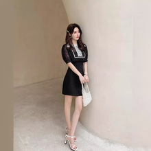 Lisa同款2024春季新款女装手工钉珠蕾丝网纱气质名媛短袖黑色短裙