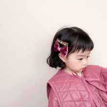 新款韩版复旧民族风刺绣丝绒胡蝶结儿童压夹2件套对装发饰头饰