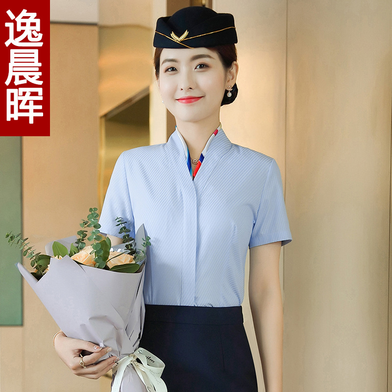 空乘面试职业装南航空姐白衬衫女制服气质工装无领v领衬衣工作服