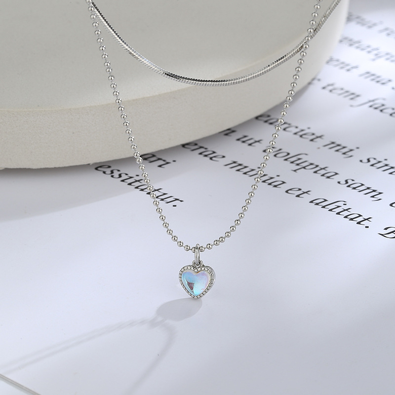 Gu Maoning Double Layer Moonstone Love Necklace Female Personalized Pendant Necklace Colorful Stone Heart-Shaped Twin Clavicle Chain