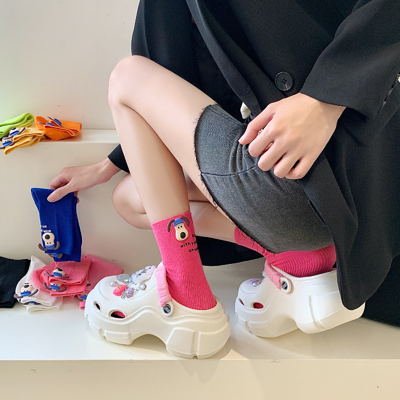 夏季搭配洞洞鞋彩色薄款袜子棉ins潮可爱字母小狗粉色中筒堆堆袜