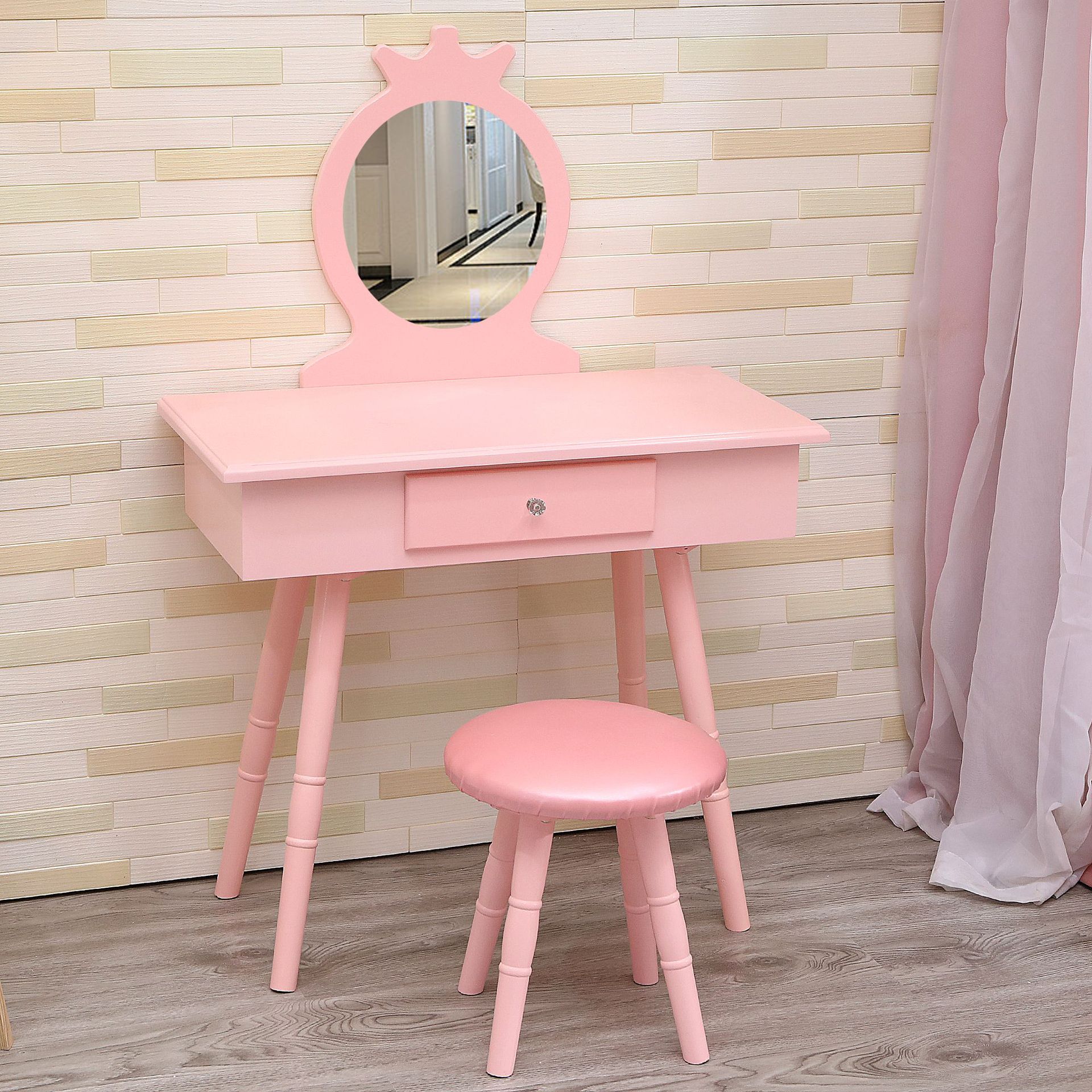 现代简奢粉色儿童梳妆台小型卧室简约粉红化妆台儿童创意化妆桌女