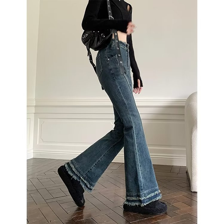 Autumn Women's Fashion Harajuku Literary New High Waist Button Jeans Slimming Bootcut Pants Trousers Temperament Trend