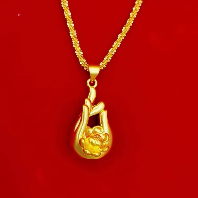 外贸新款铜镀金饰品男女仿黄金莲花佛手吊坠3d硬沙金挂坠专柜同款