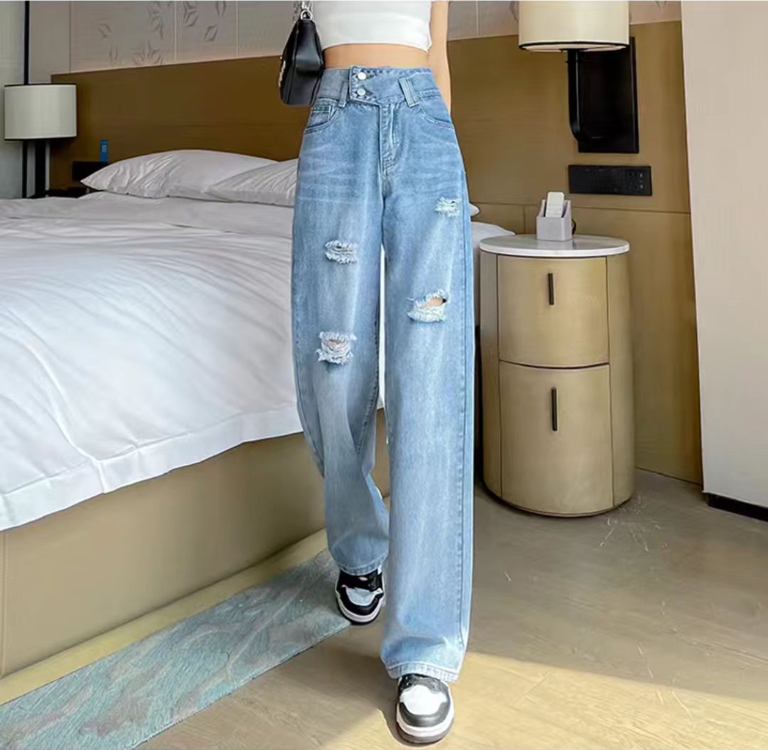 1 N005 Retro Tattered Jeans Jeans Summer 2023 New High Waist Wide Leg Loose Slimming and Straight Draped Pants
