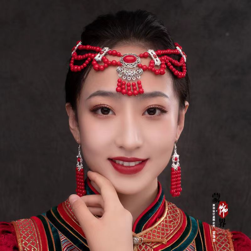 蒙古族演出头饰串珠珠皮绳发带少主民族流苏编织头带蒙古舞头绳