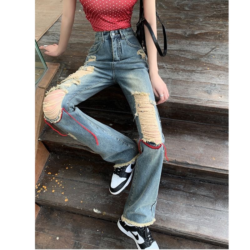 American Style Retro Tattered Jeans Wide Leg Jeans Women's Summer New High Waist Distressed Ins Street Straight Mopping Pants Fashion