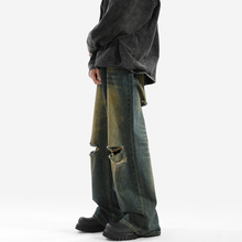 破洞牛仔裤男夏季薄款美式高街设计感小众做旧水洗宽松直筒长裤子