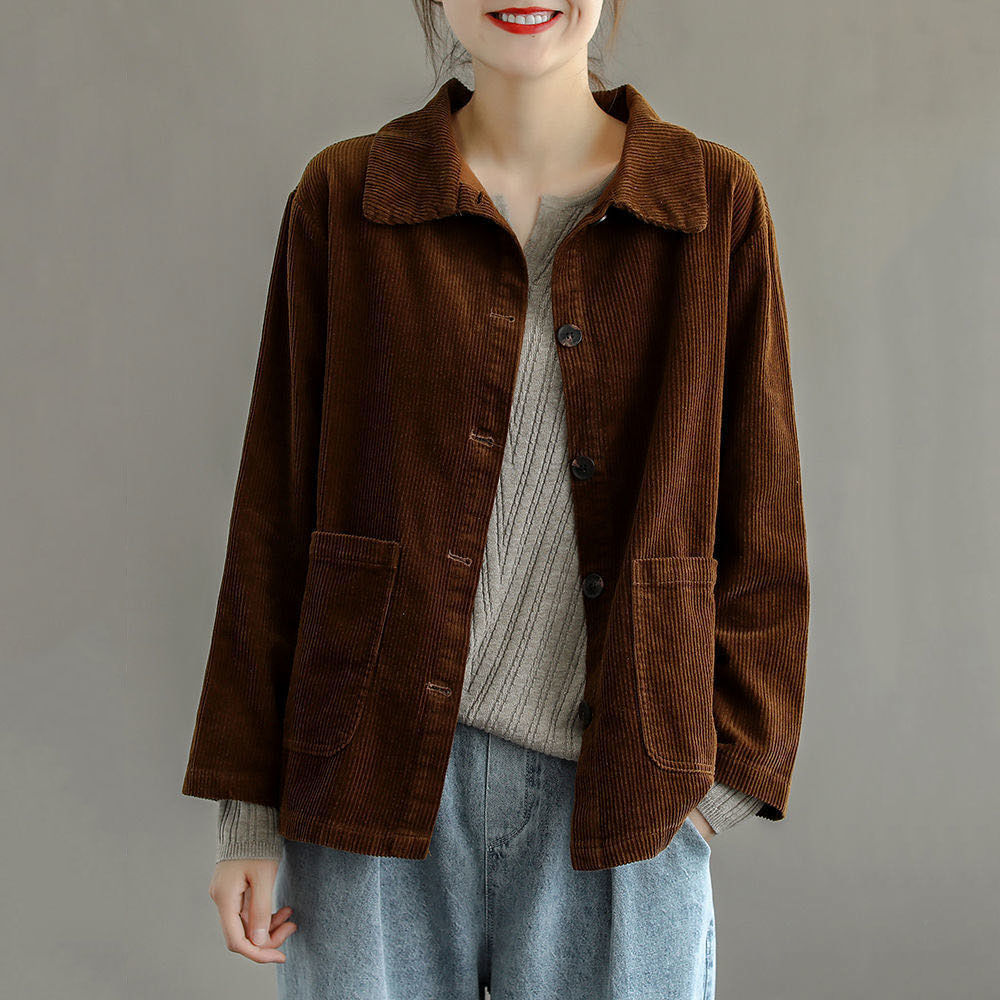 灯芯绒黑色外套文艺棉麻女装2020秋装新品灯芯绒全棉橄榄绿松紧腰休闲