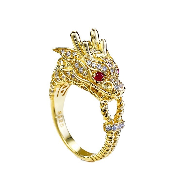 洛熙寺珠宝2024新款s925银镀金国潮金龙霸气龙头戒指龙年戴龙戒指