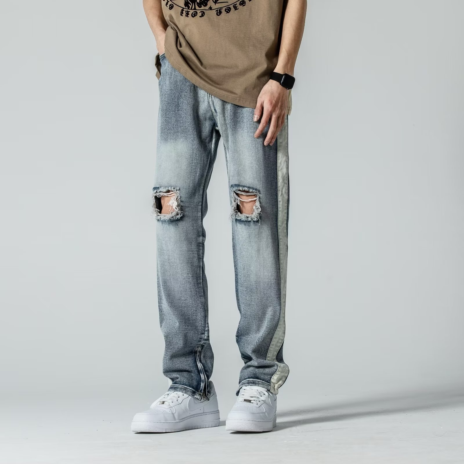 新款高街美式拼接破洞牛仔裤男学生潮牌百搭修身小脚乞丐长裤男