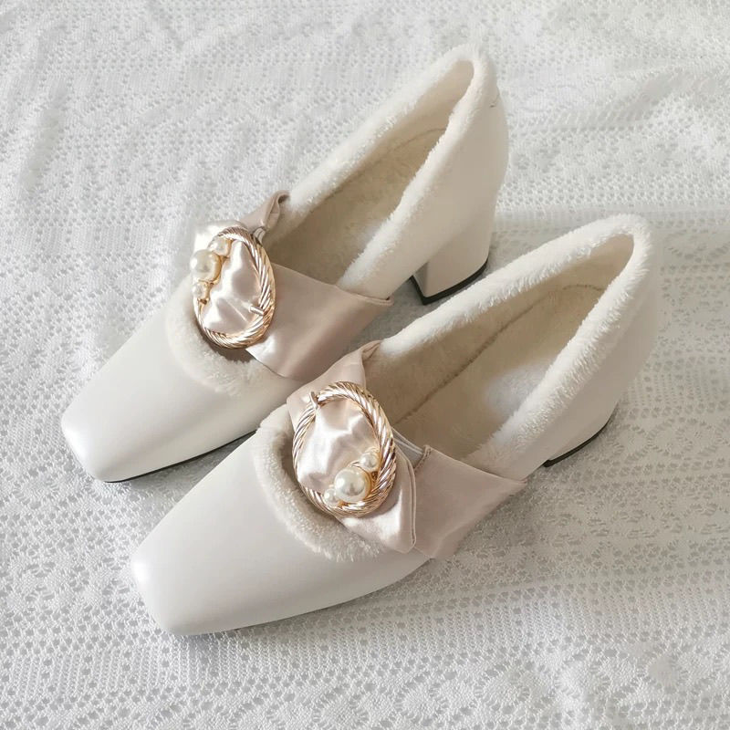 秋冬新款加绒高跟鞋法式复古玛丽珍鞋粗跟中跟配旗袍单鞋女毛毛鞋