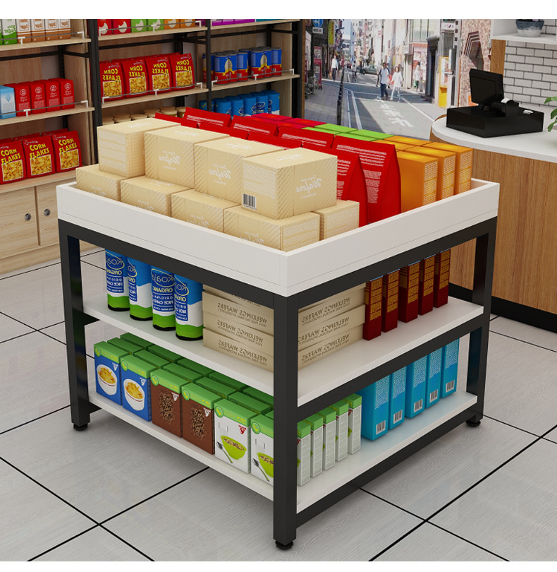 超市产品堆头中岛柜杂货架母婴店展示柜促销台三层流水展示台实木