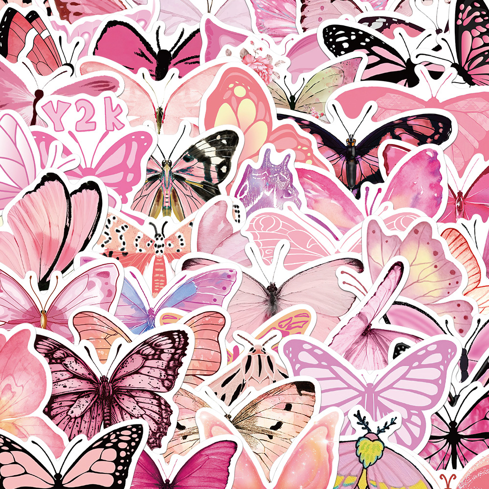 50张卡通动物粉色蝴蝶手账素材贴纸文具行李箱笔记防水贴画可批发