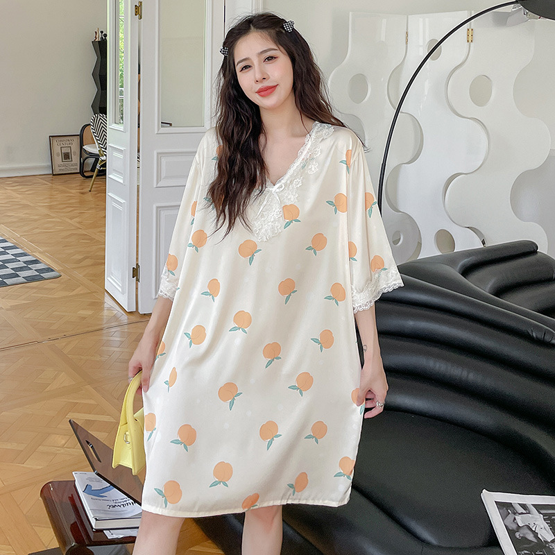 Nightdress Women's Spring and Autumn Summer Silk Ice Large Size Loose Sweet Dress Sexy Korean Style Pajamas Home Wear in Stock Wholesale