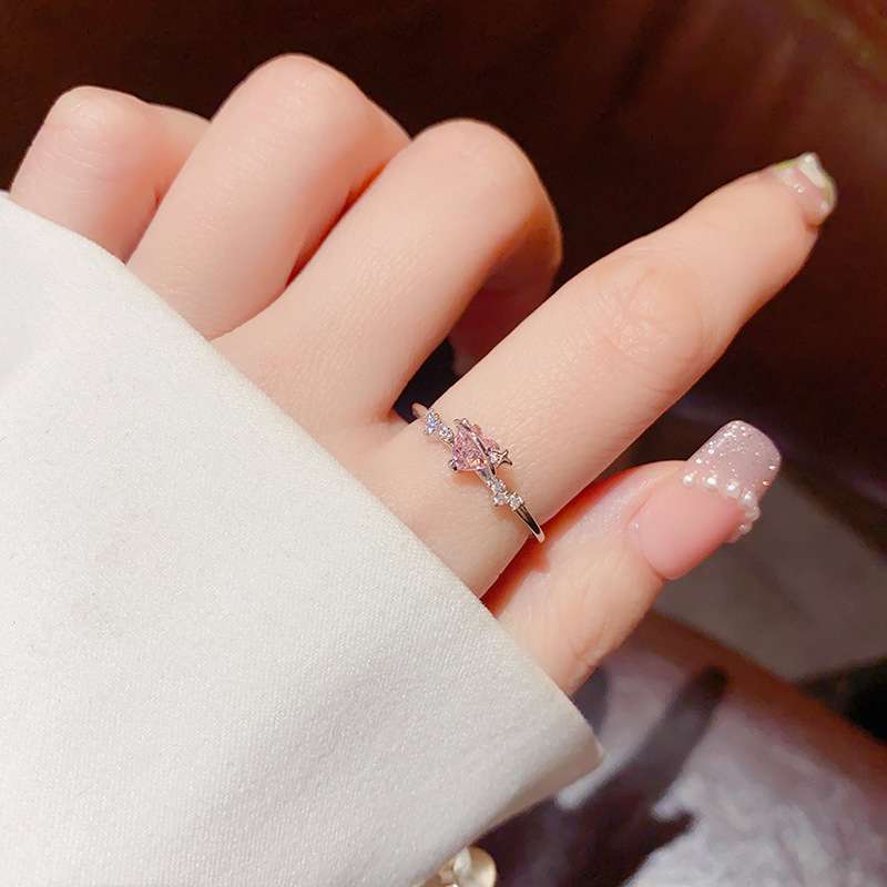 Japanese Style Sweet Personality Pink Lovely Silver Open Ring Female Light Luxury Trendy Cold Style Sweet Cool Fashion Hand Accessories