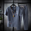 summer Flax suit Chinese style Embroidery T-shirt Trend Chashe Easy frog Tang costume Cotton and hemp a set summer Flax suit Chinese style Embroidery T-shirt Trend Chashe Easy frog Tang costume Cotton and hemp a set