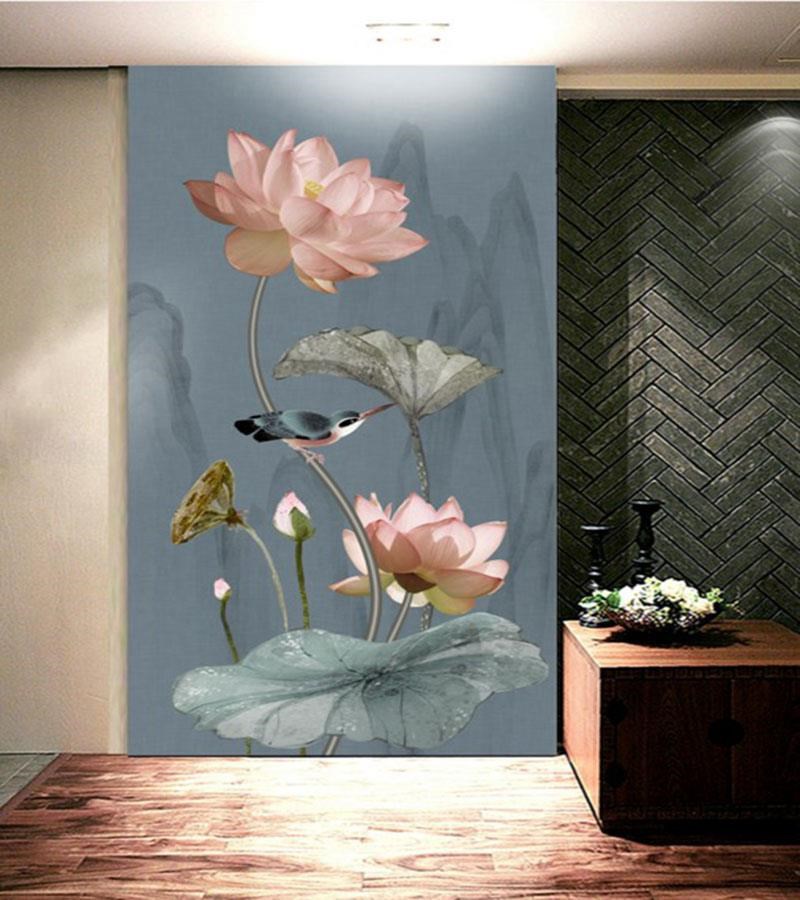 新中式水墨荷花玄关背景墙壁纸墙纸3d莲花壁画立体过道走廊浮雕