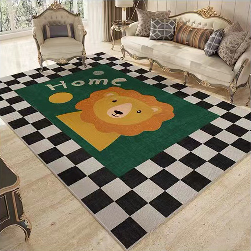 Cross-Border French Retro Living Room Carpet Dark Green Middle and Ancient Chess Board Grid Floor Mat High Sense Ins Style Bedroom Bedside
