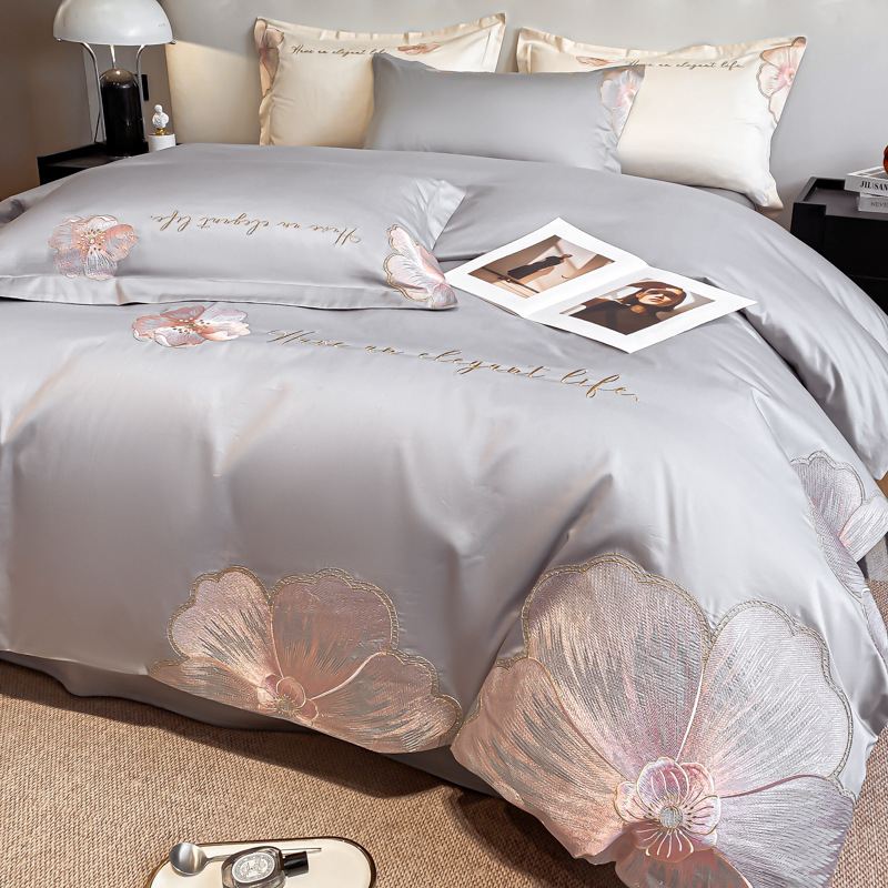 Light Luxury High-Grade Cotton Four-Piece Cotton Machine Embroidery Bed Sheet Quilt Cover High-End Bedding Wholesale