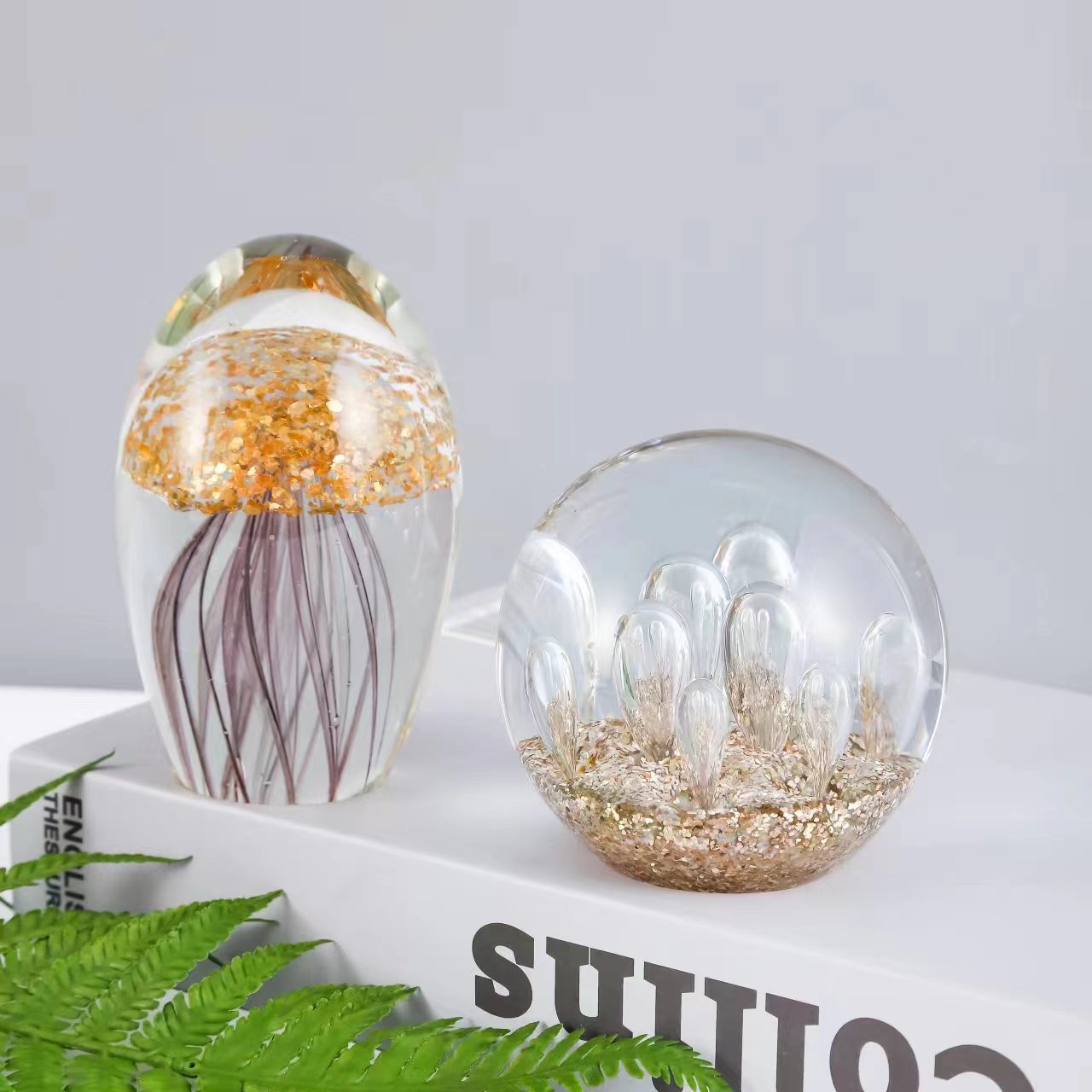北欧轻奢气泡玻璃球水母摆件琉璃工艺品玄关客厅桌面摆件跨境专供