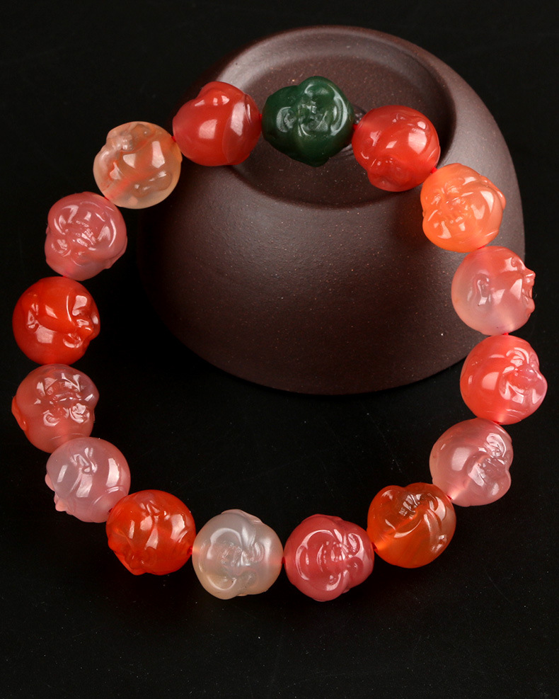 天然盐源玛瑙佛头手链 雕刻弥勒佛头玛瑙手串文玩饰品 盐源玛瑙