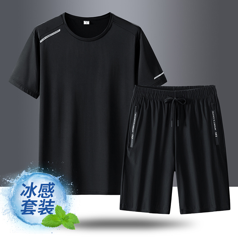 男士跑步套装运动冰丝男夏季速干短裤短袖运动服五分裤夏天七分裤