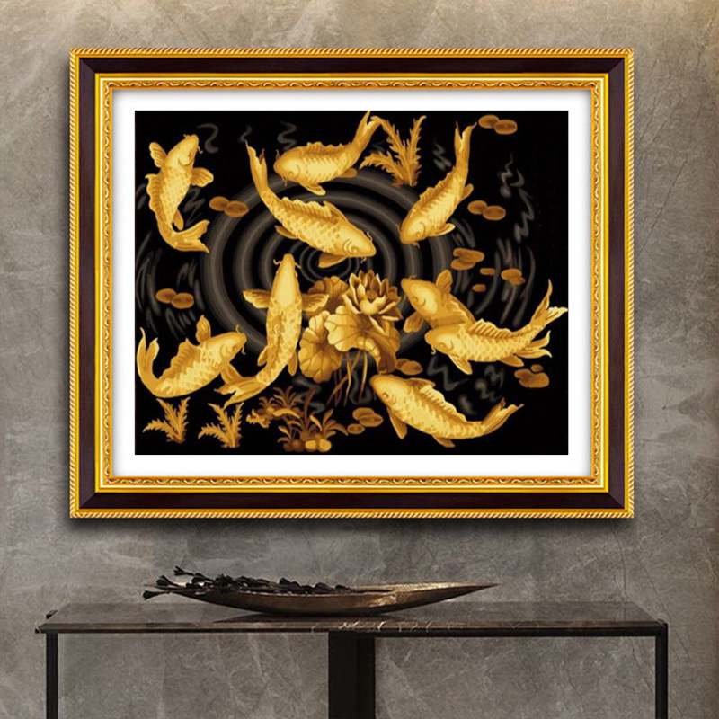 钻石画2020新款复古金色九鱼图荷花粘钻十字绣客厅中国风砖石贴画