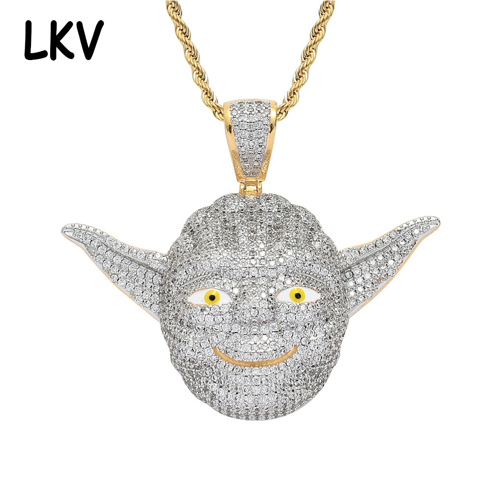 欧美migos同款卡通人物尤达大师个性嘻哈吊坠微镶满锆石项链批发