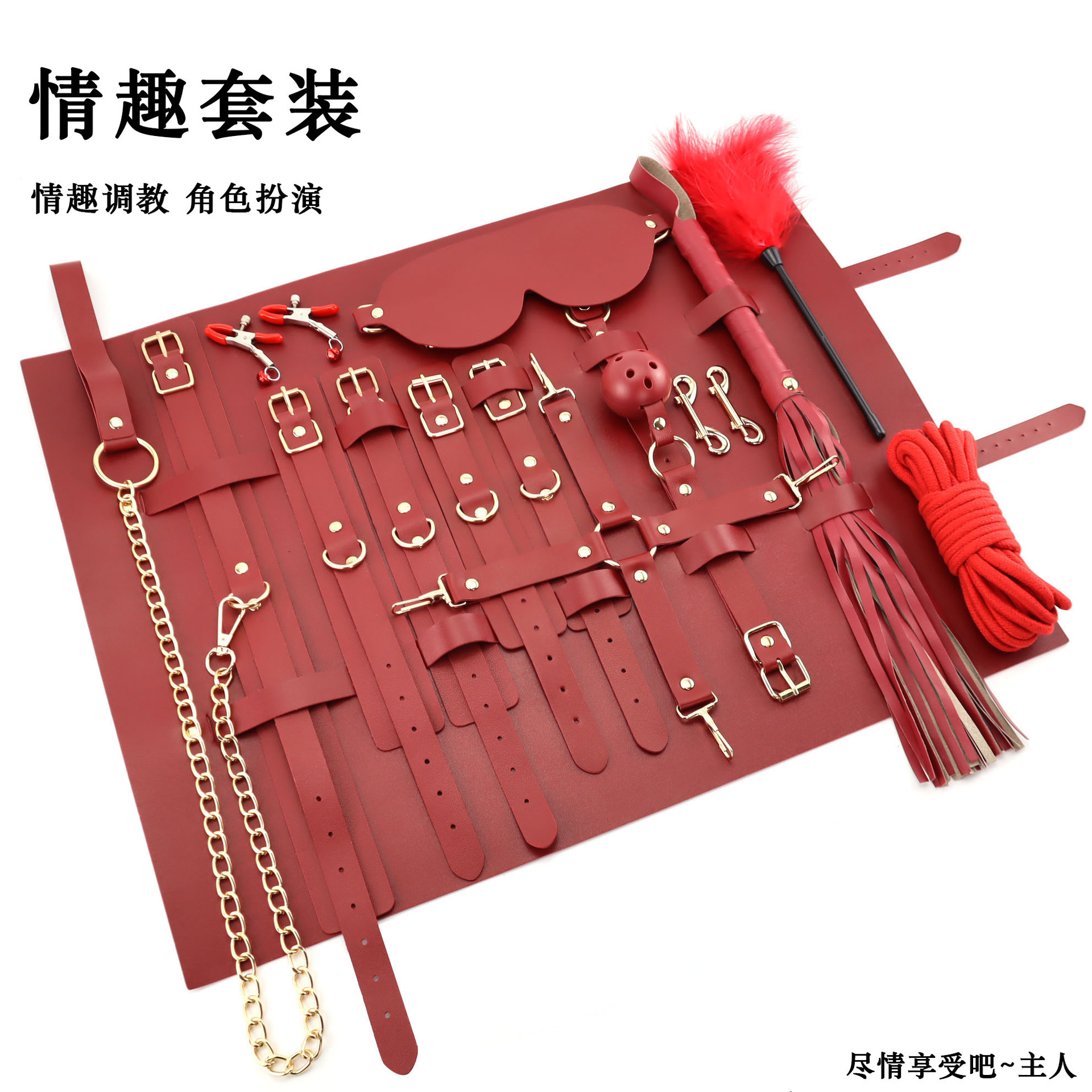 sm道具情趣捆绑10件套皮革手铐乳夹口塞夫妻调情调教用品一件代发