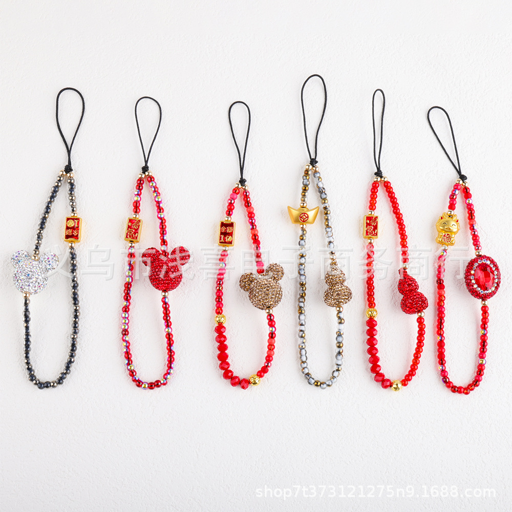 新年款中国风手机链 国潮红色葫芦宝石富婆手机挂链 串珠财神挂饰